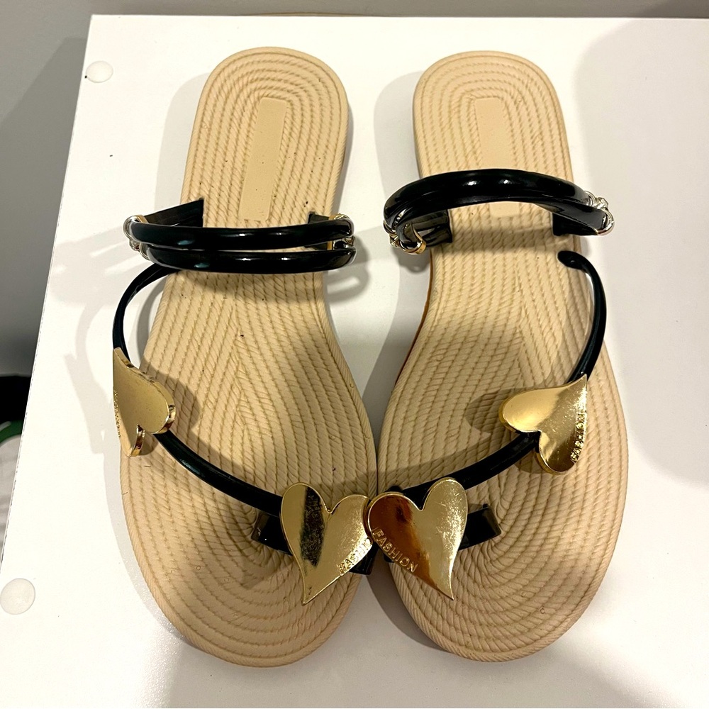 Stylish Black and Gold Heart Sandals
